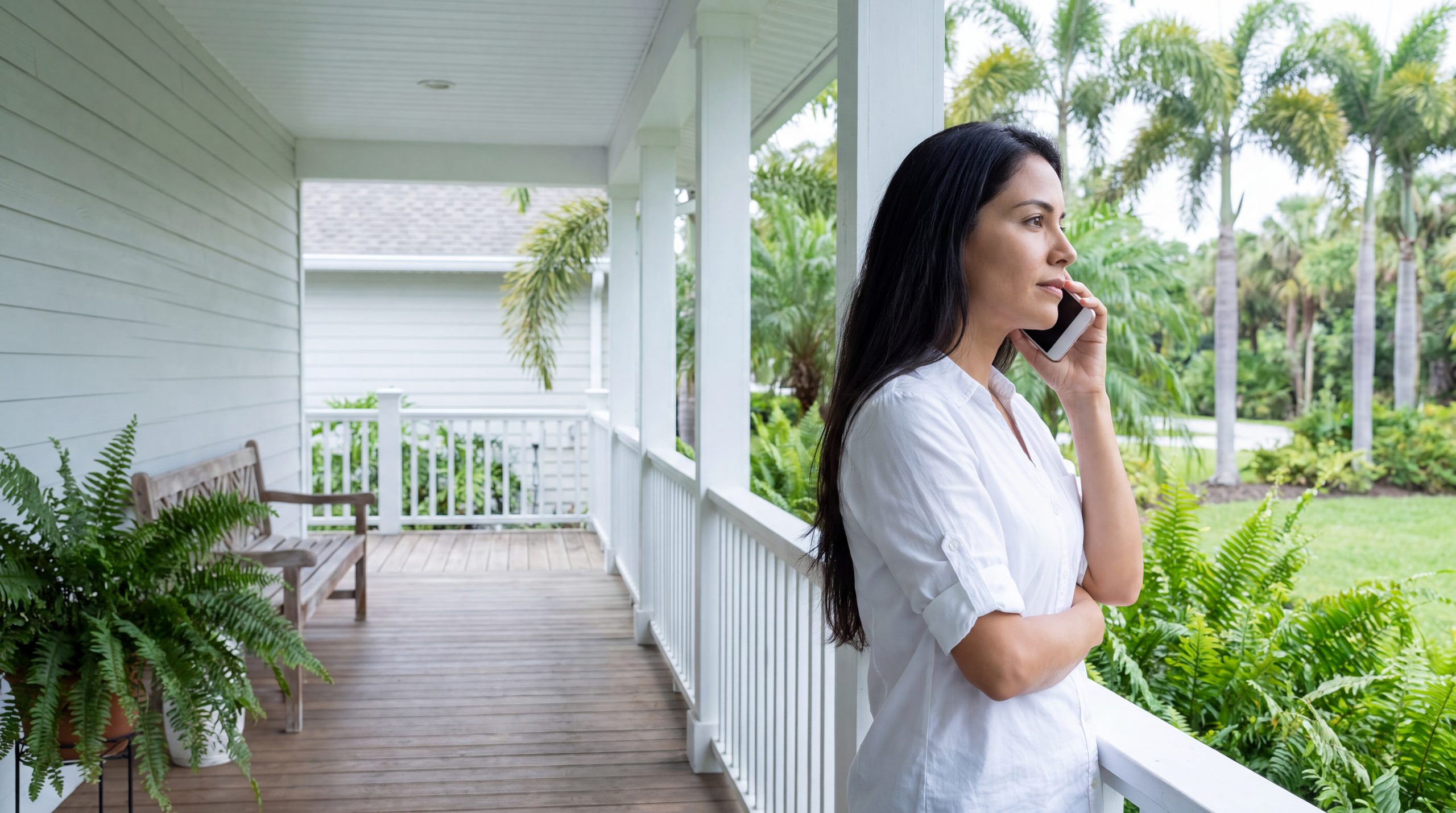 A woman stands on the porch of her house with a phone to her ear, looking out at the yard while she listens.